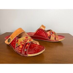Spring Step LArtiste Leigh Sandals Womens 41 Red Floral Leather Slide Wedge